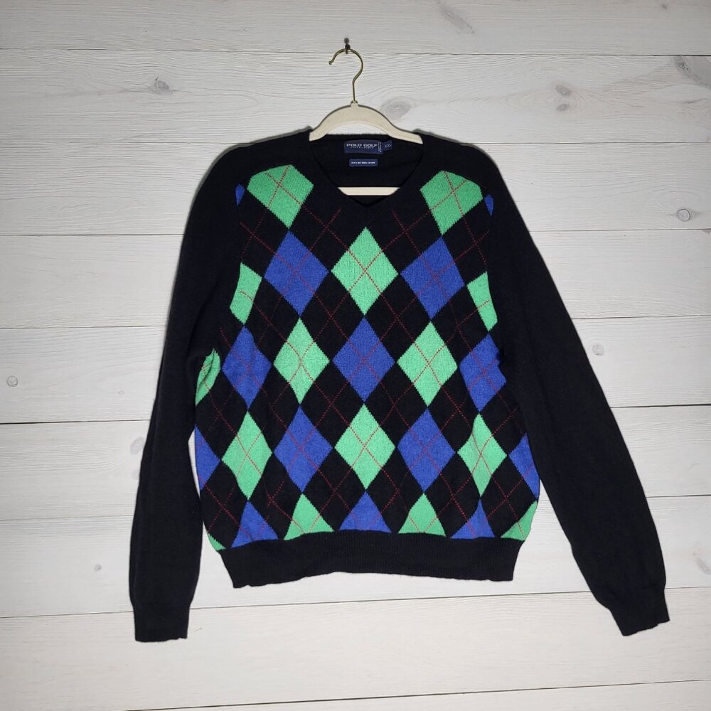 Ralph Lauren Polo Golf Vintage Sweater Wool Argyle V Neck Preppy Old Money